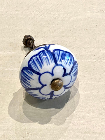 White Ceramic Knob with a Blue flower