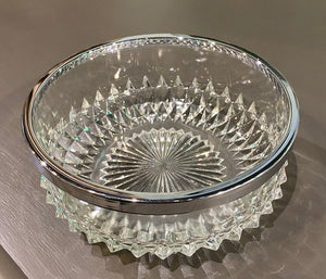 Diamond Cut Glass Serving Bowl with Silver-Plate rim