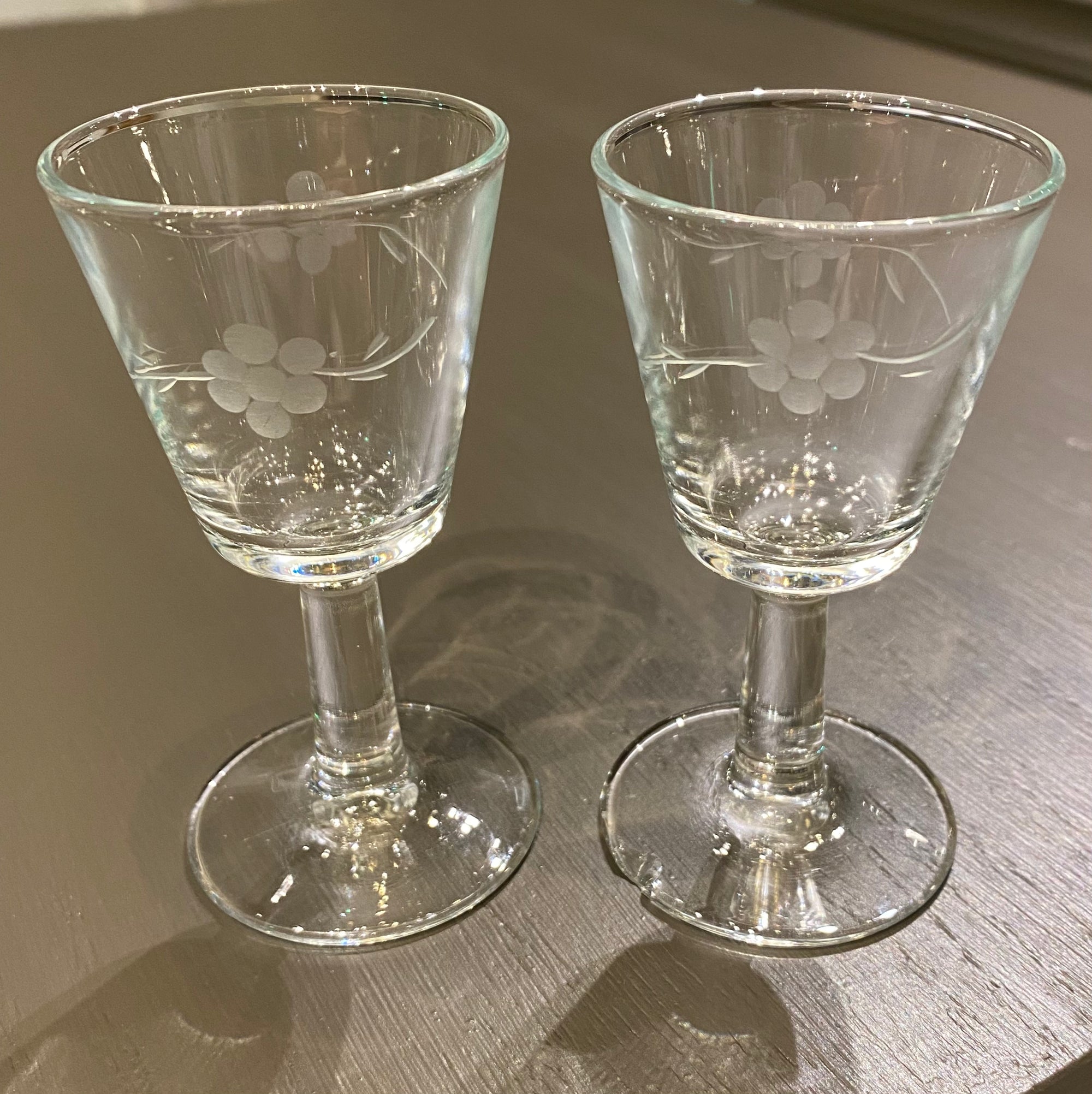 Set of 2 Vintage Etched Cordial Glasses