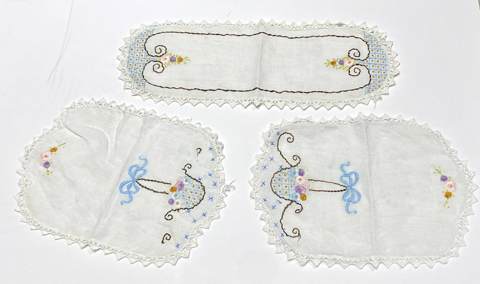 Set of Handstitched Flower Basket Doilies