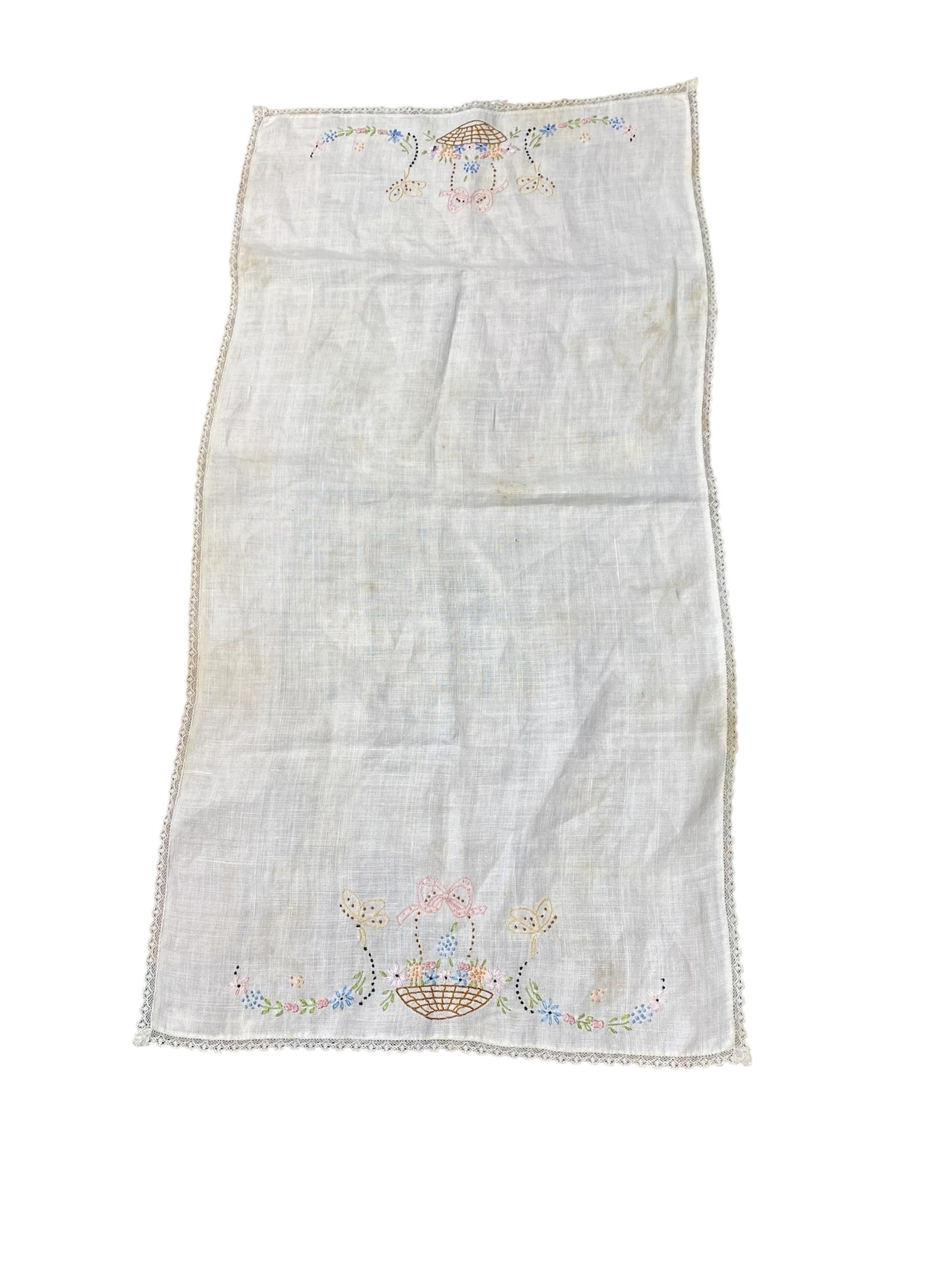 Handstitched Dresser Scarf with Baskets and Butterflies