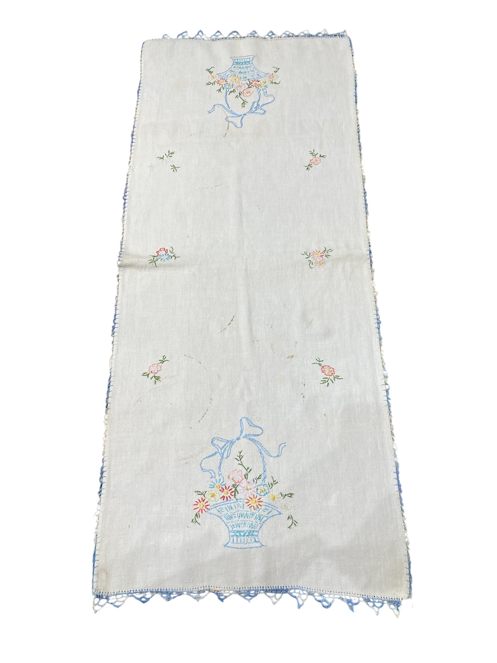 Handstitched Dresser Scarf with Baskets and Flowers