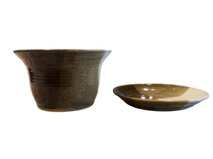 Handmade Vintage Brown Pottery Flower Pot and Plate