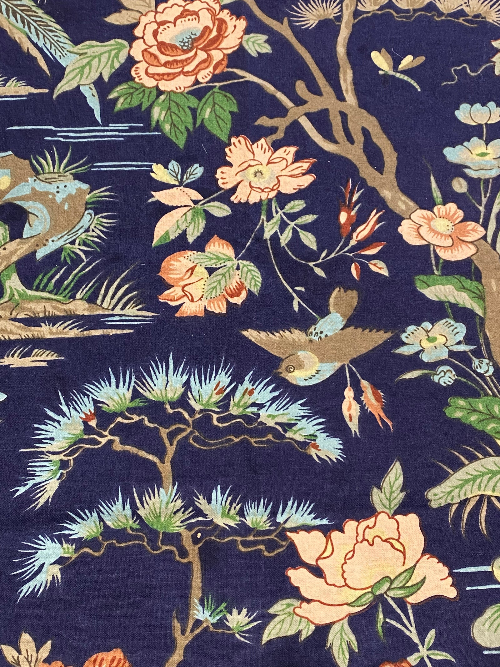 Navy Blue Chinoiserie-Inspired Fabric
