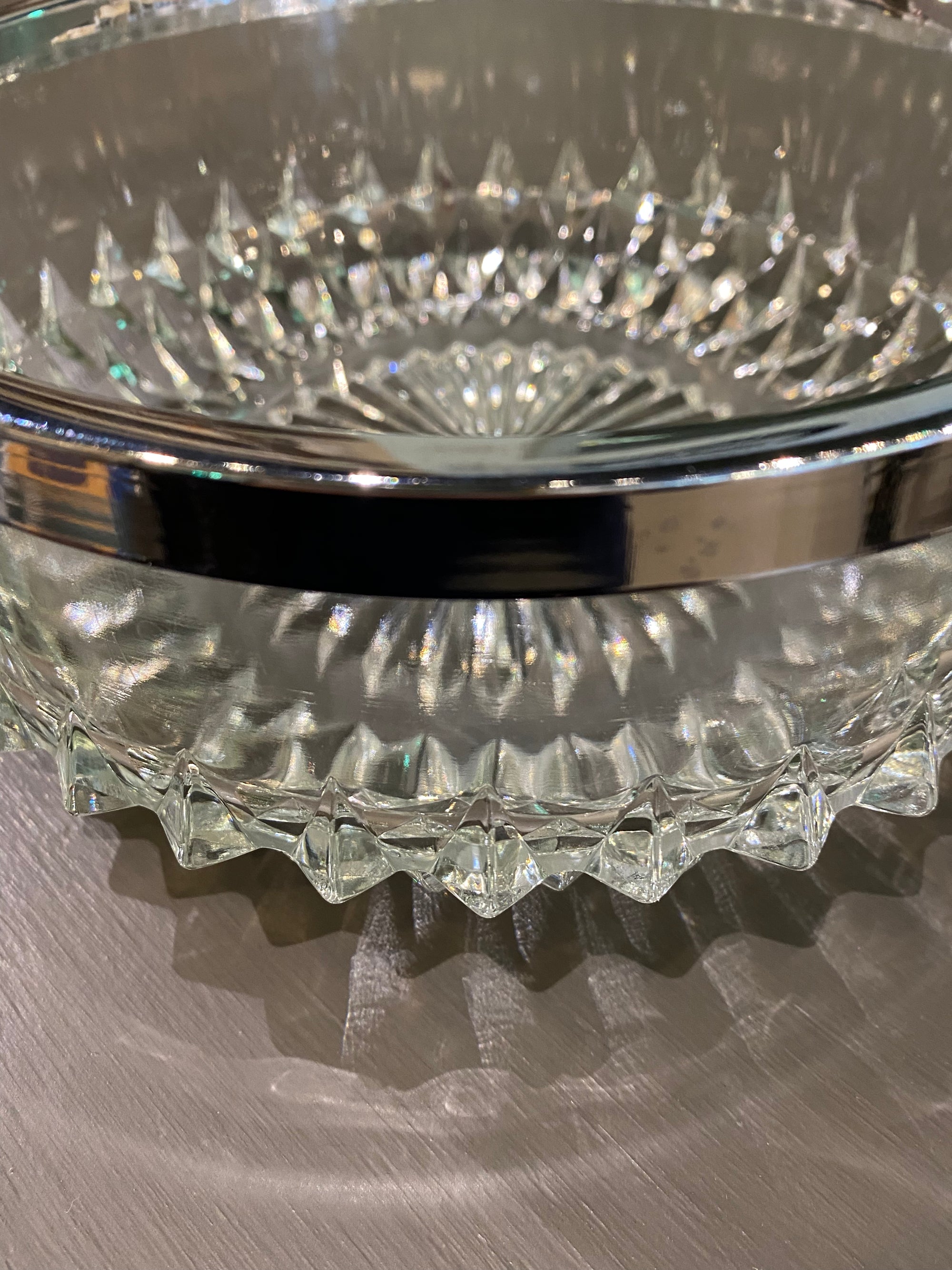 Diamond Cut Glass Serving Bowl with Silver-Plate rim