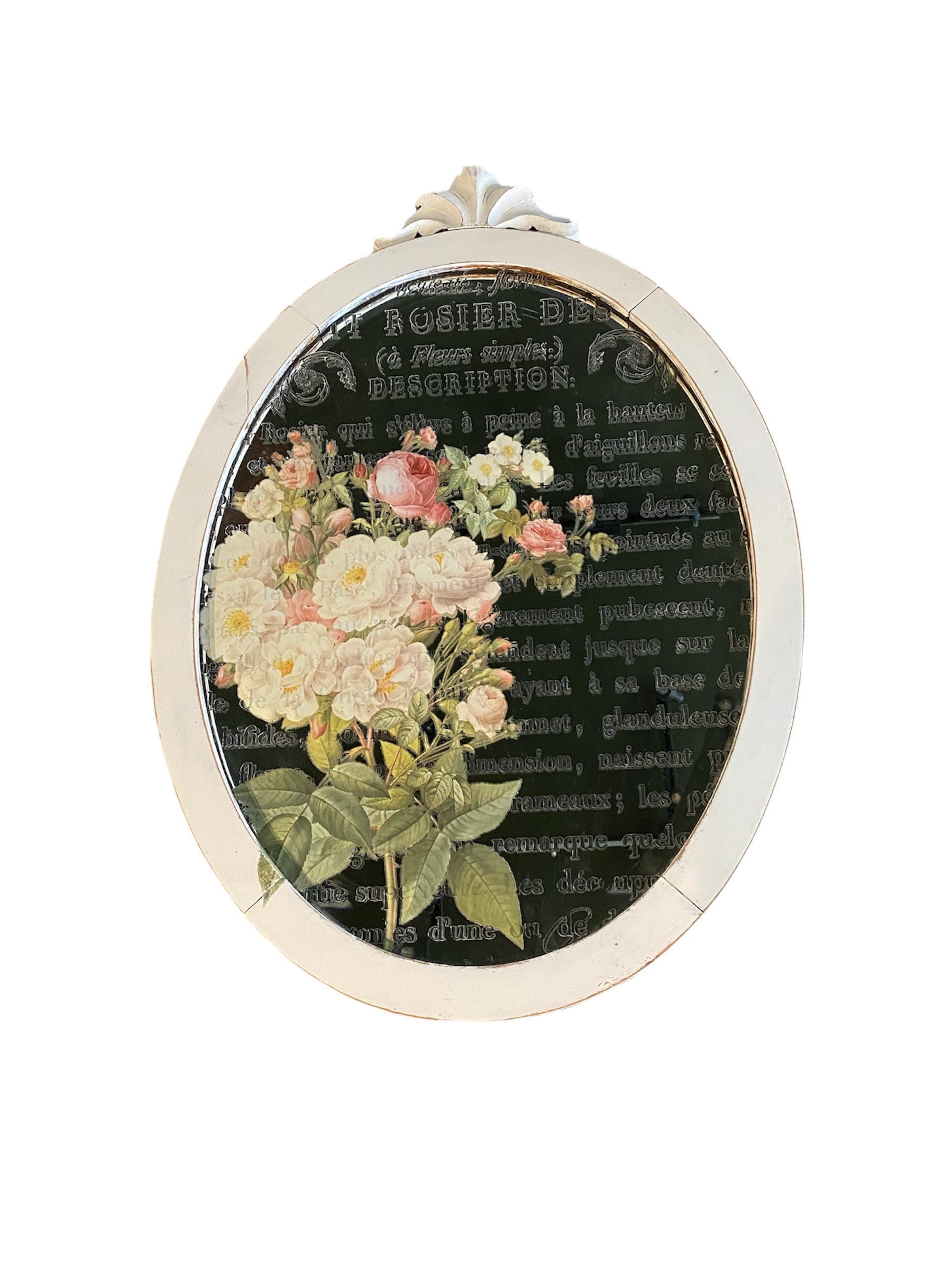 White Oval Mirror with Script and Roses