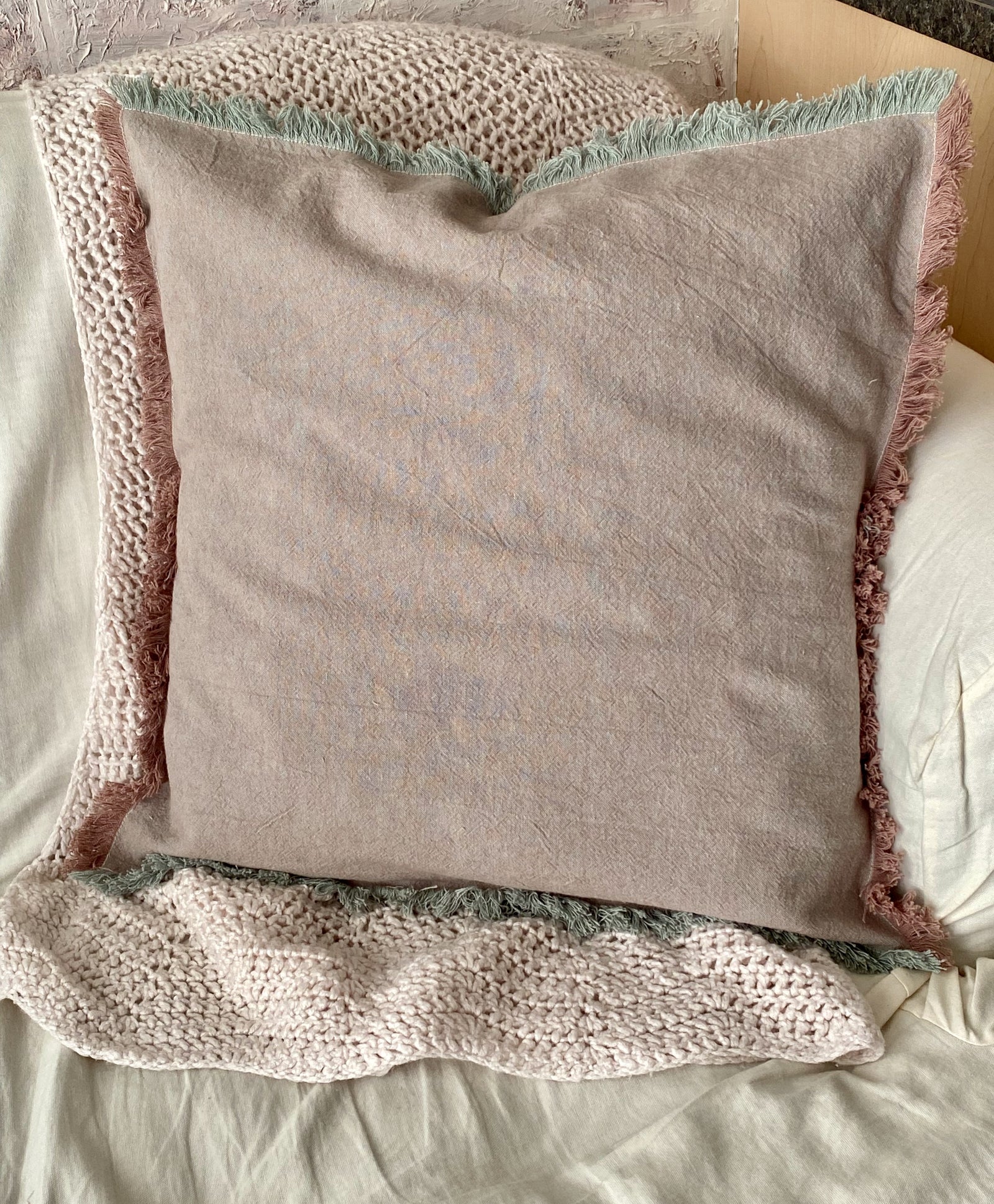 Blue and Pink Fringed Pillow Cover