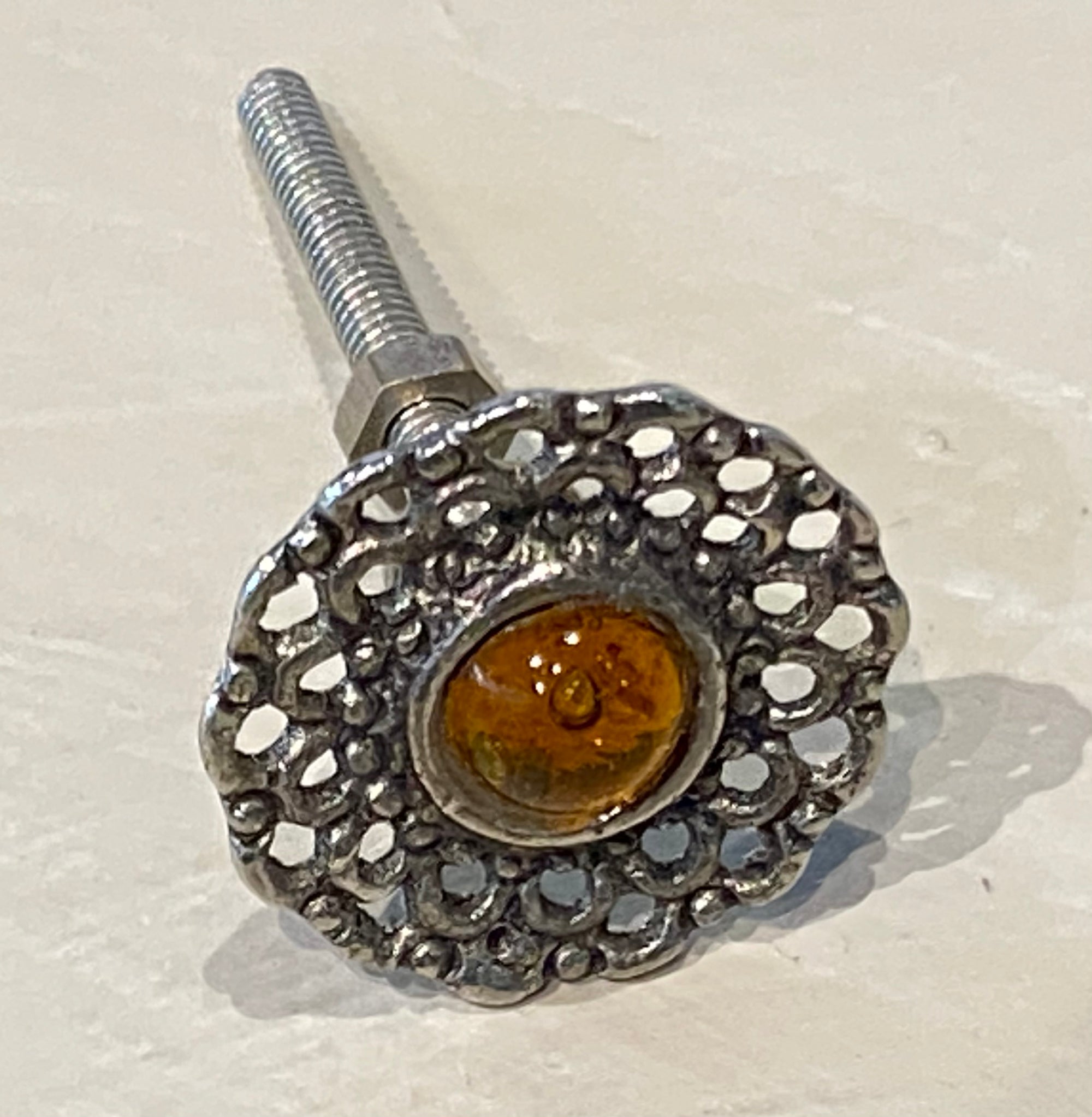 Dark Silver Filigree Knob with Amber Stone Centre