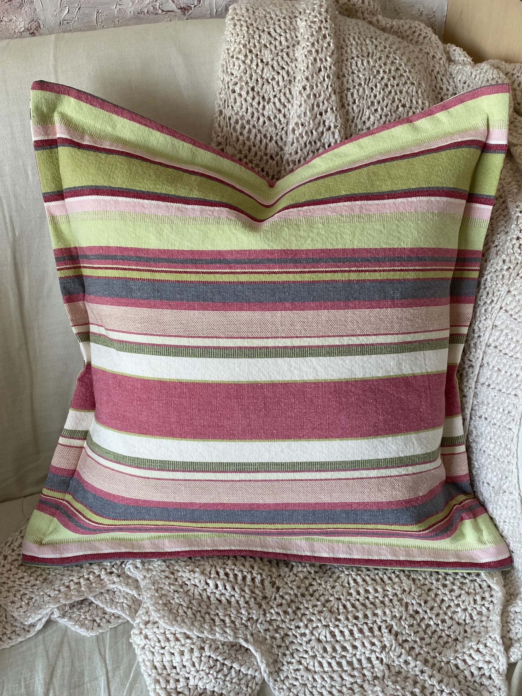 Muted Pink and Green Striped Pillow Cover